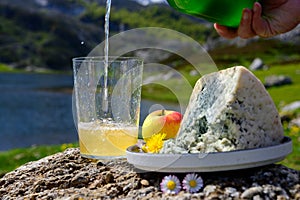 Glass of natural Asturian cider made fromÂ fermented apples, Asturian cabrales cow blue cheese with view on Covadonga lake and